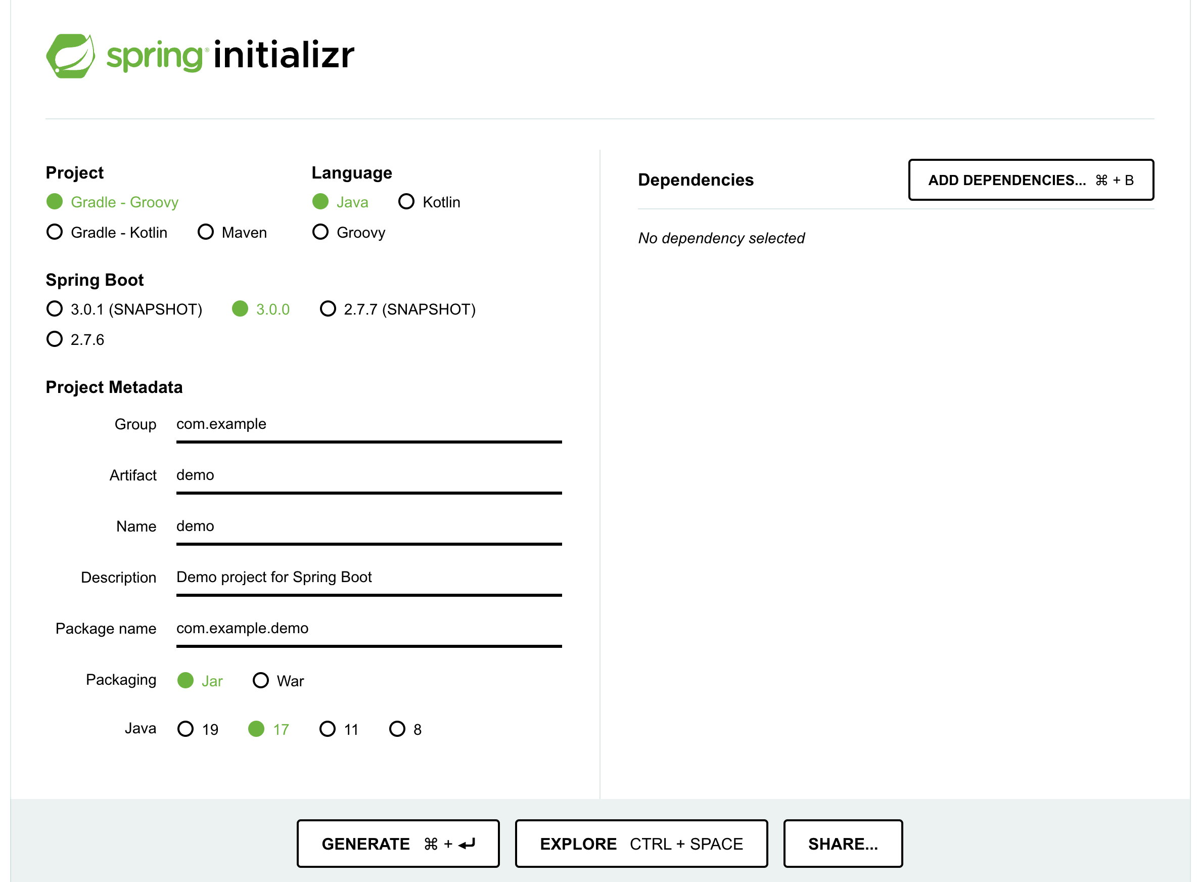 Spring Initializr in a browser